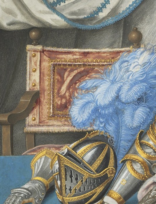 The jettisoned tournament helmet with its extravagant plumage implies interrupted arming , the scene's narrative hook and a display of rank simultaneously.