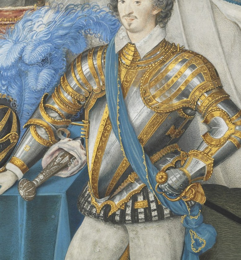 Hilliard applied costly shell gold in tiny brushstrokes to simulate steel gleam on vellum , the technique that made this miniature famous and unusually large for the medium.