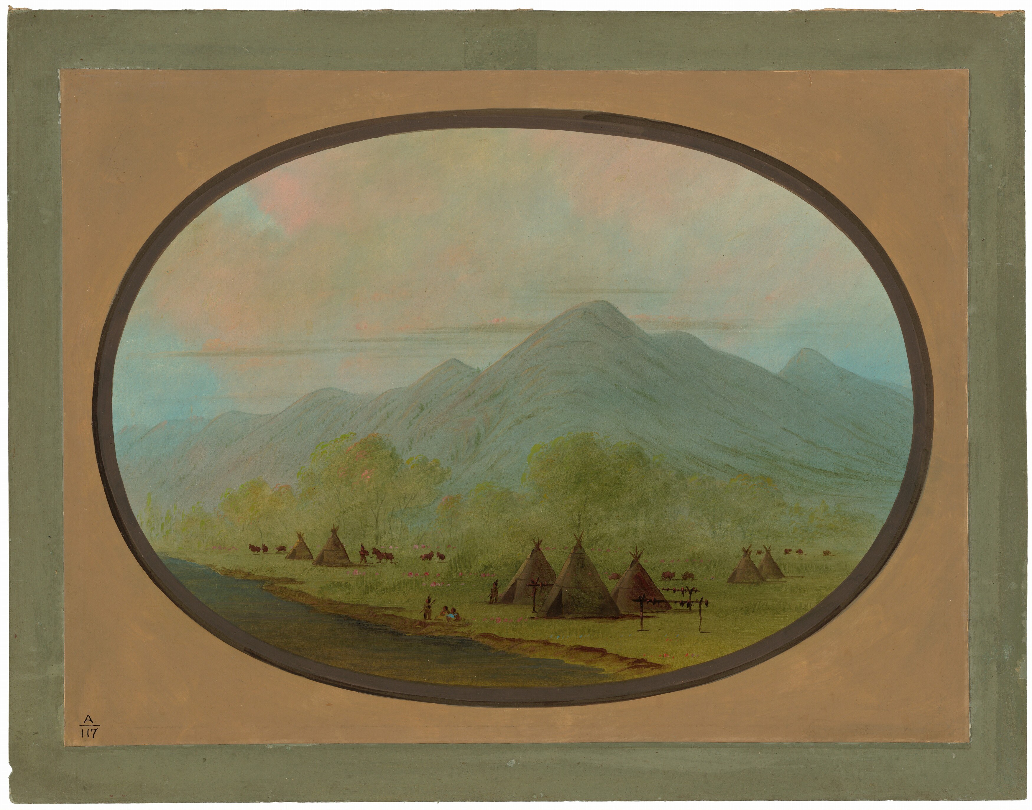 The visible museum matting and mounting medium are period-appropriate for Catlin's small card-mounted works , the physical object tells its own story of field production and collection.