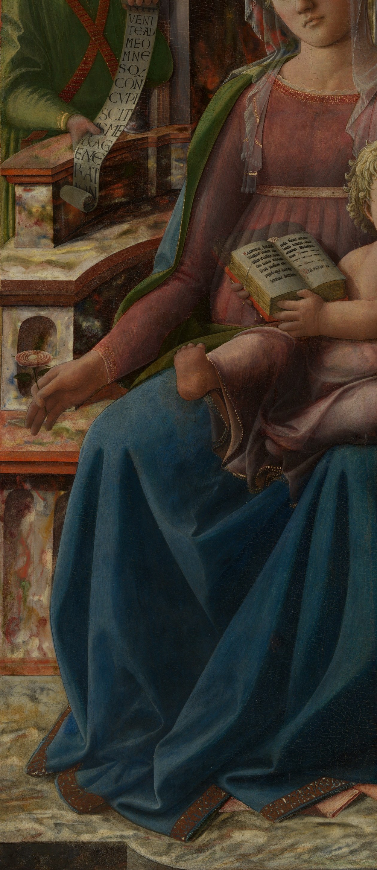 Ultramarine blue of this saturation was more expensive than gold in 1440; the sheer volume of fabric signals the patron's wealth as much as Mary's queenly status.