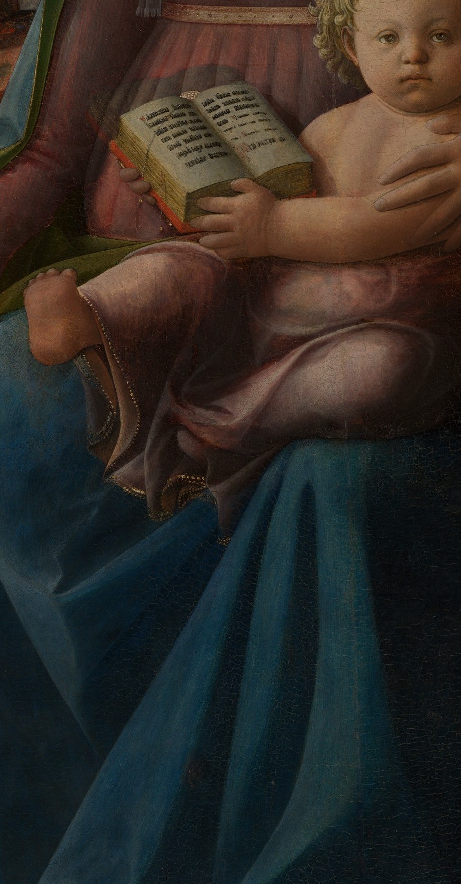 The infant turns outward to engage the viewer directly, breaking the private mother-child moment and implicating the audience in the devotional address.