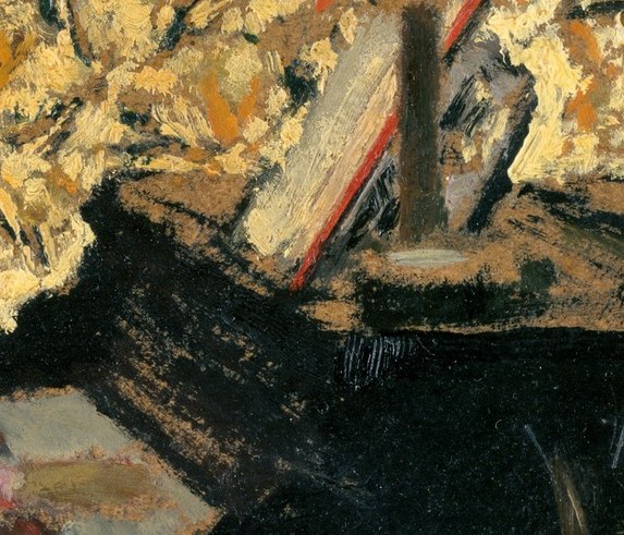 The vibrant, almost abstract pattern of her blouse contrasts with the darker tones of the piano and background.