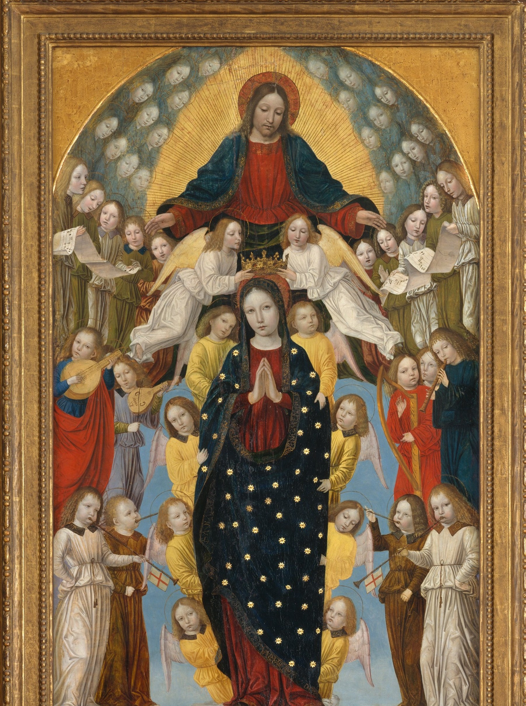Angels at different depths create the illusion of a three-dimensional mandorla; counting them and noting the variety of postures and pink/gold robes reveals compositional mathematics.