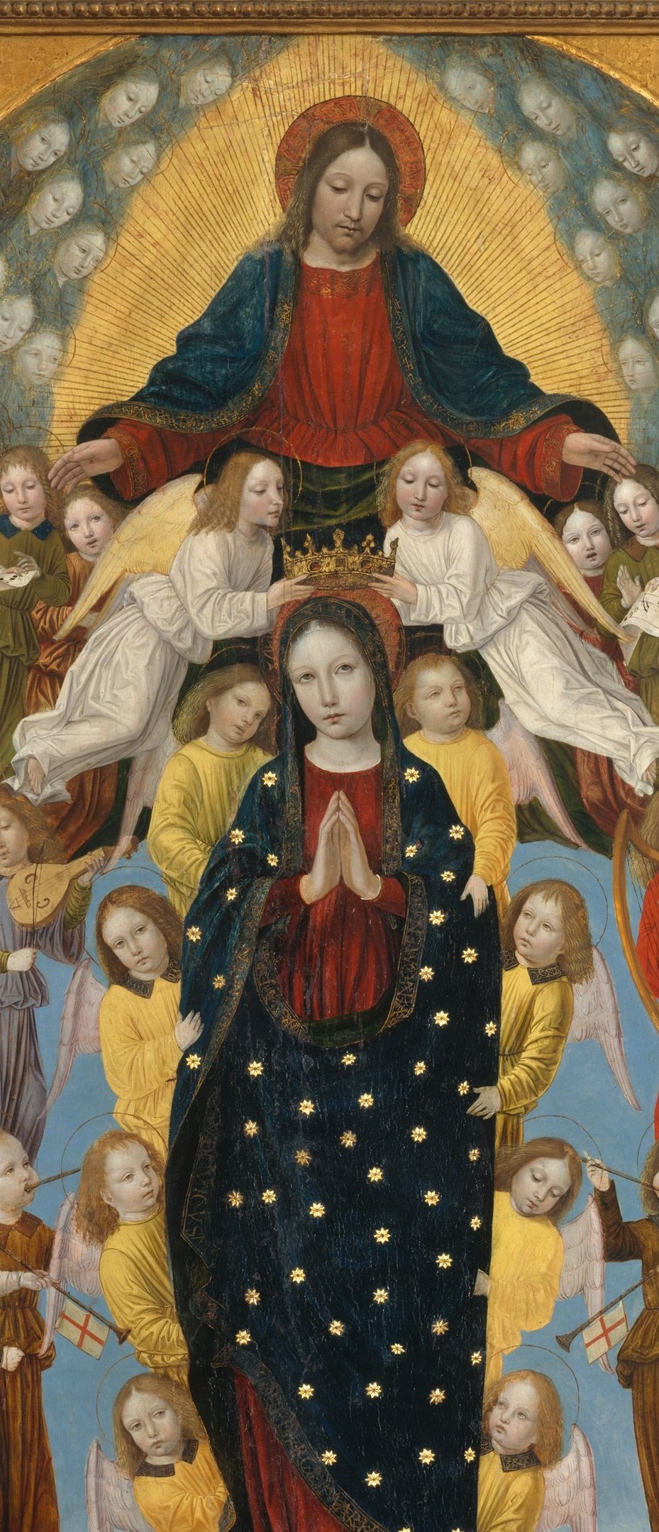 Central icon of the entire composition , the gold stars on deep blue are instantly legible as Marian symbolism and the upward bodily movement communicates miraculous translation between worlds.