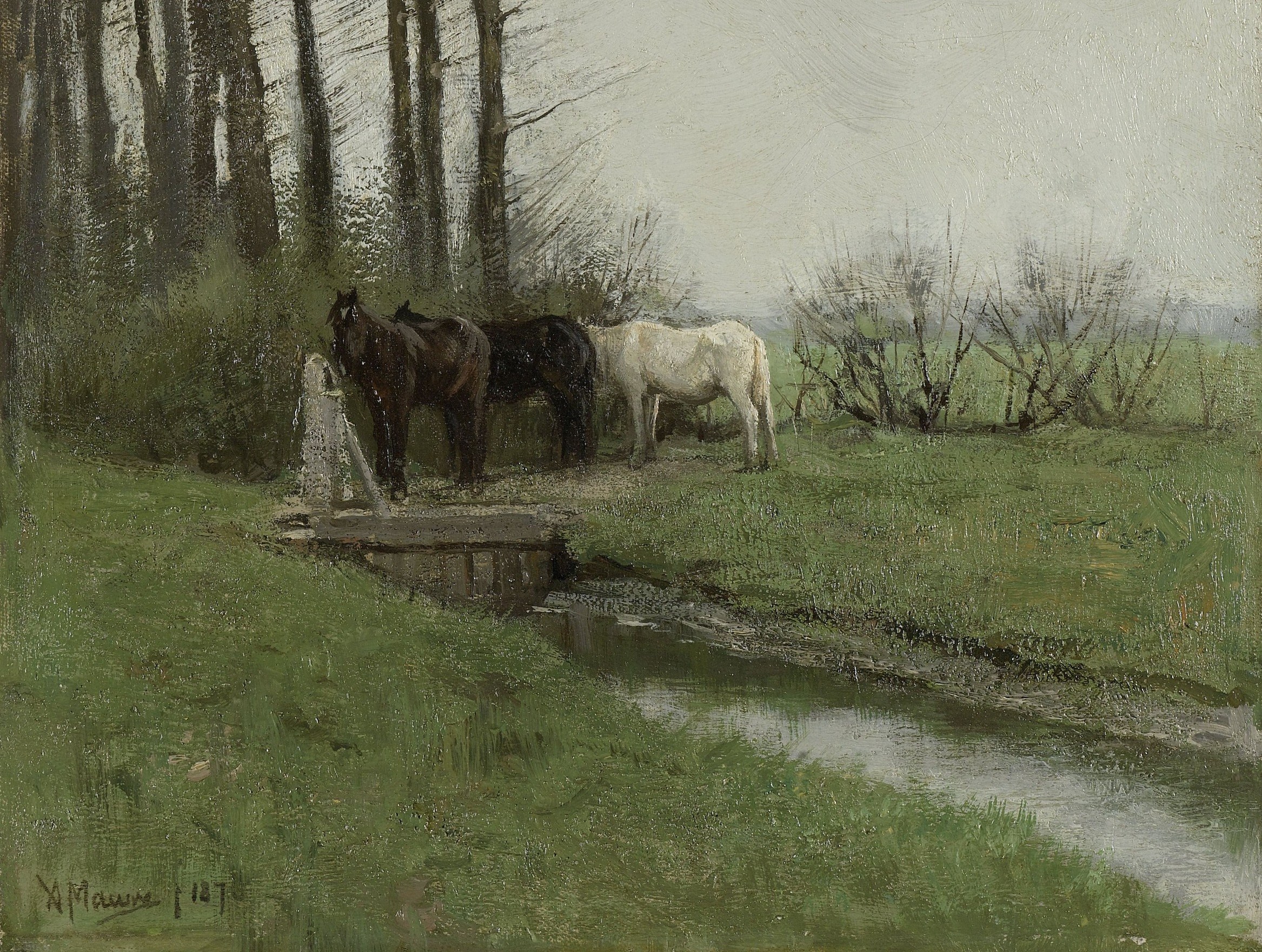 Painted with a limited palette of grey-greens that avoid any postcard brightness; this restraint is what makes the white horse read as almost luminous by comparison.