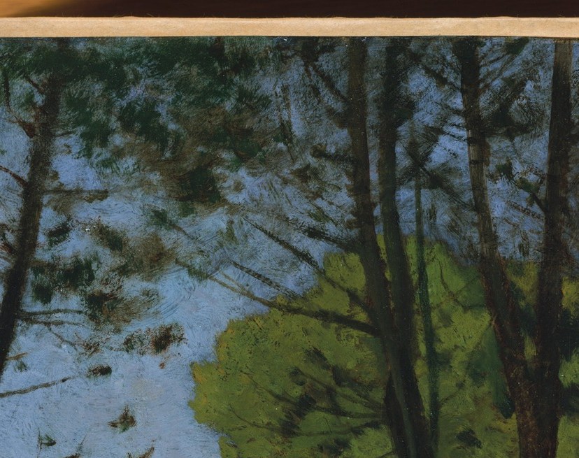 The light-flooded gap in the canopy is the painting's main light source and draws the eye upward; the contrast with the dark trunks is a Barbizon chiaroscuro device.
