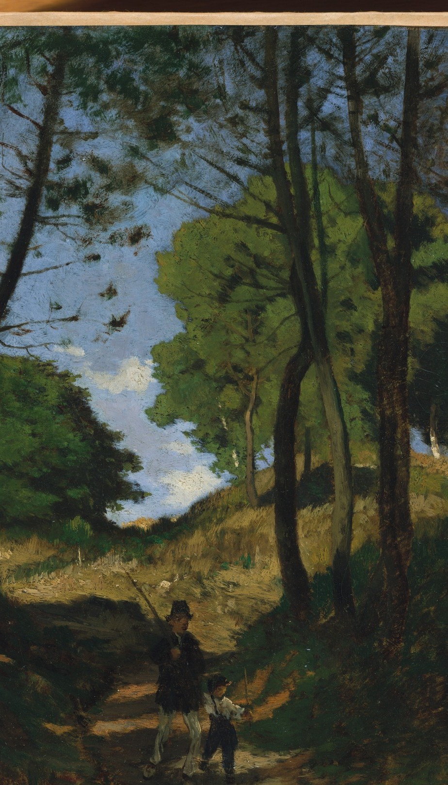 The vertical thrust of the slender trunks is the compositional spine of the painting; their dark silhouettes frame everything else and demonstrate Harpignies's Barbizon commitment to close-observed forest structure.