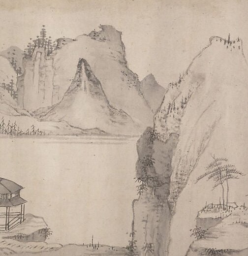A dense layered mass of geometric boulders and ledges; the near-cubist angularity is Hongren's deliberate departure from softer Song and Yuan precedents, encoding austerity as a moral and aesthetic stance.