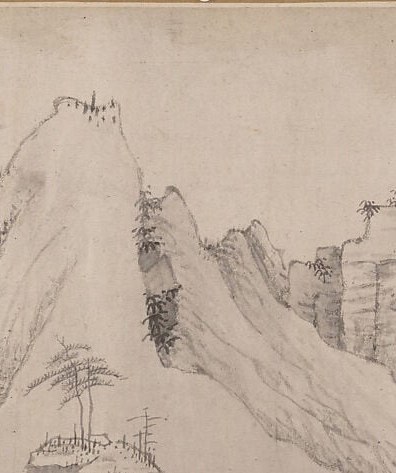 Hongren's signature crystalline rock rendering , nearly vertical facets built from dry axe-cut brushstrokes , makes this peak feel geological and architectural simultaneously; its vertiginous height is the compositional spine of the whole scroll.