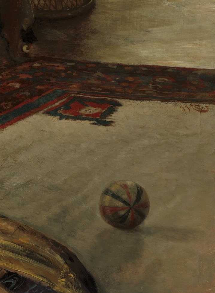 The intricate pattern and rich colors add to the luxurious atmosphere and ground the scene.