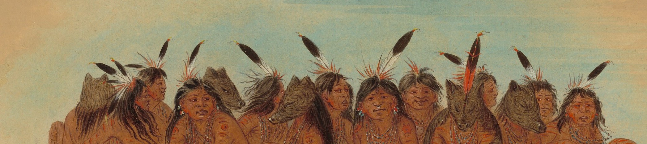 Look closely at their feathered headdresses and painted bodies.