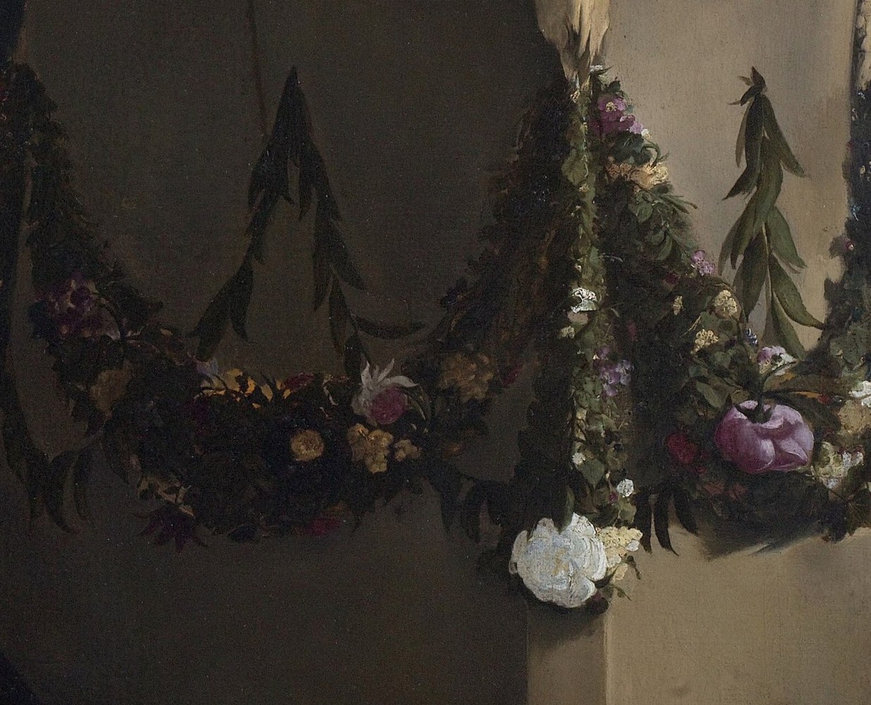 Look at the floral garlands and the ornate urn.