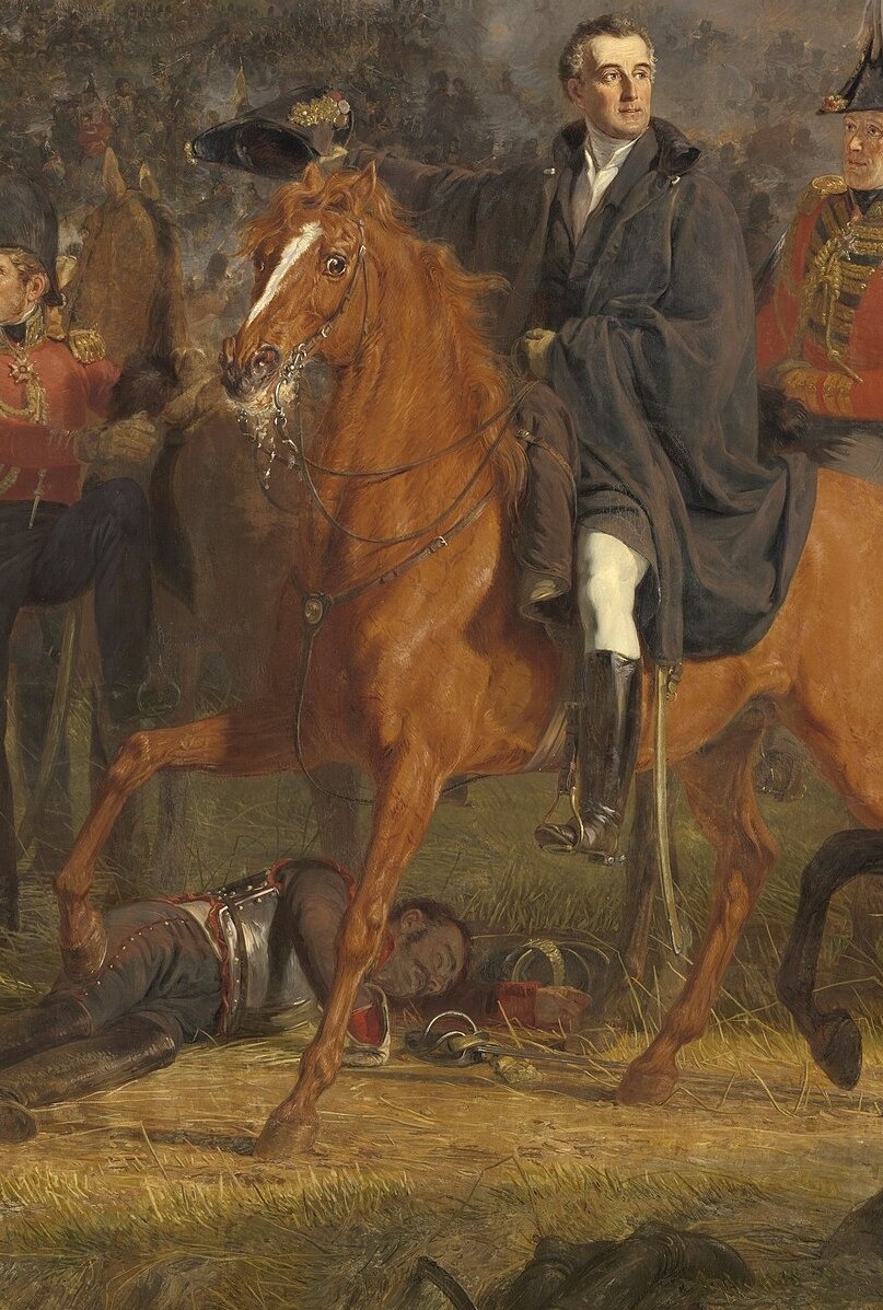 His horse, Copenhagen, stands alert and powerful.
