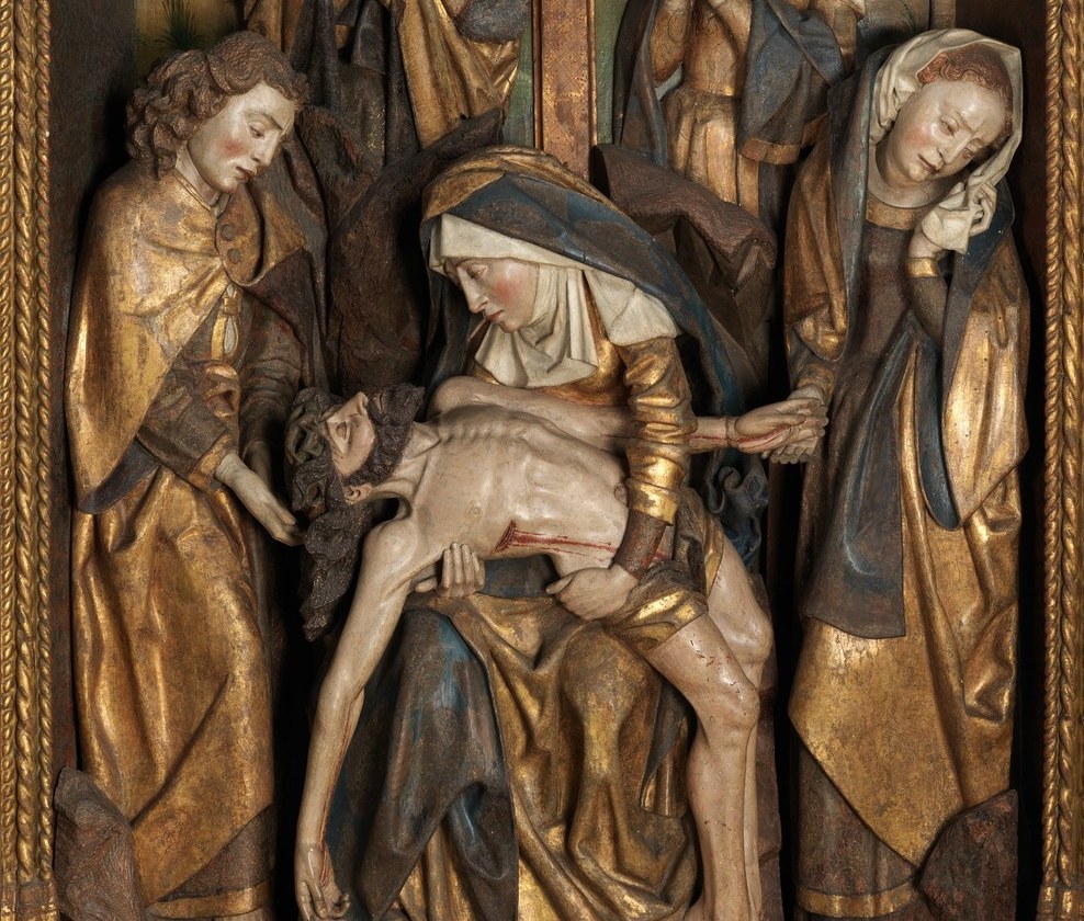The central subject , pale, slack limbs and visible side wound communicate physical death; the focal anchor of the entire composition