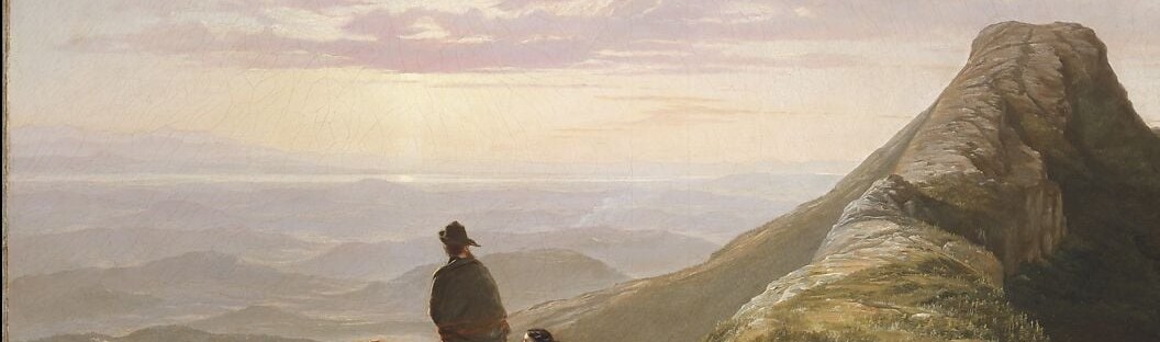 The painting's most visually arresting passage , the cloud layer erases the mundane valley and creates a floating, otherworldly platform, giving the hikers the sensation of standing above the world.