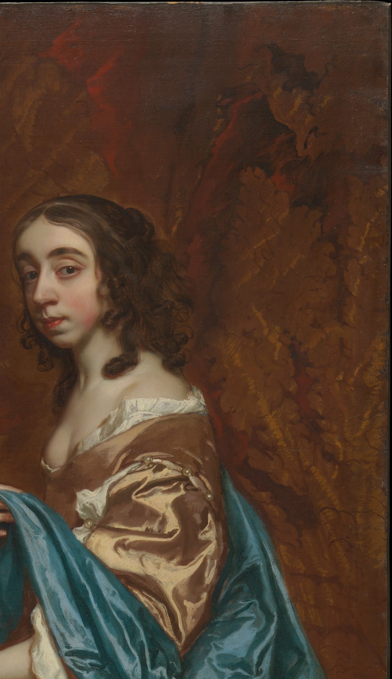 The warm curtain functions as a compositional anchor and status signal , heavy textile backdrops in Baroque portraiture denote aristocratic interiors and theatrical grandeur.