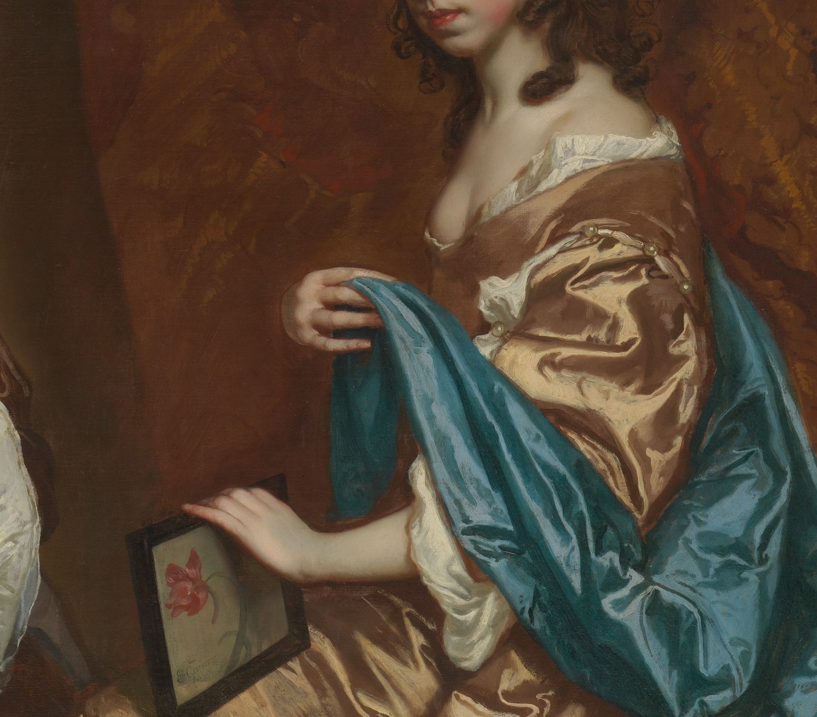 Lely's virtuoso silk passage , the blue is acidic and luminous against the gold bodice, showing the painter's signature trick of contrasting hot and cool fabric in a single figure.