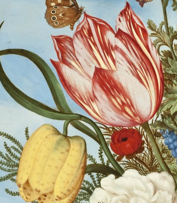 Its prominent position and vibrant colors draw the eye, showcasing the artist's skill in rendering delicate petals.