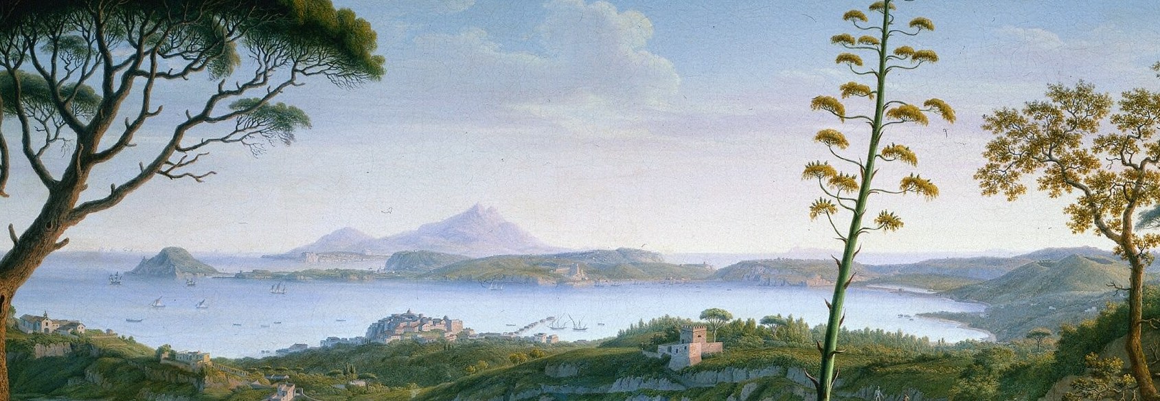 The still, luminous water mass is the painting's true subject; its glassy quality and warm midday light demonstrate Hackert's mastery of atmospheric recession and tonal gradation across a wide marine panorama.