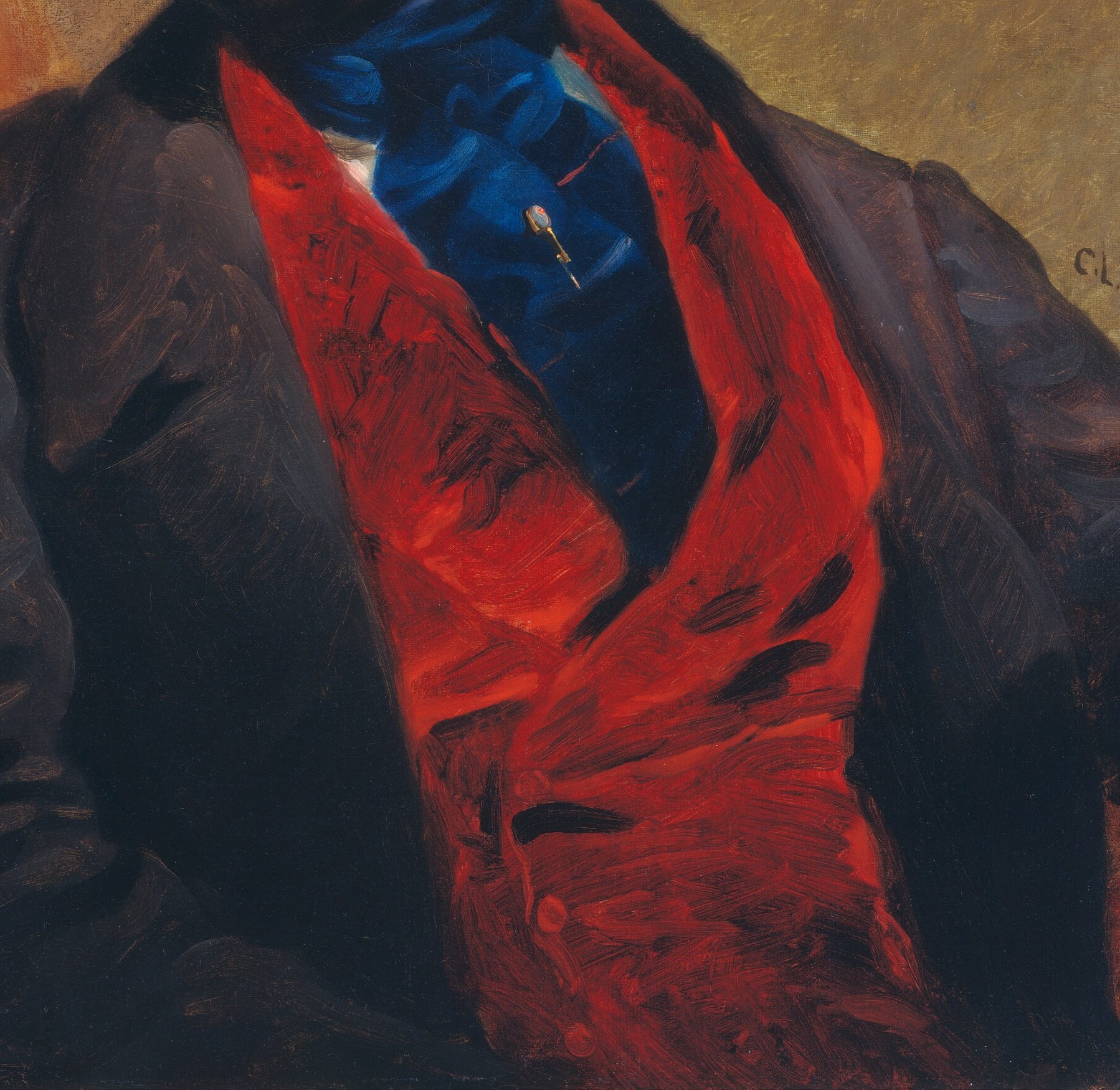 The dark coat also uses loose, visible brushwork.
