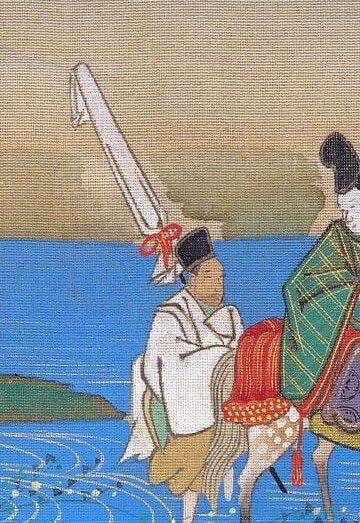 The compositional anchor and likely protagonist , the tall lacquered cap and layered robes mark elite Heian court rank; posture and placement signal he is the narrative's subject.