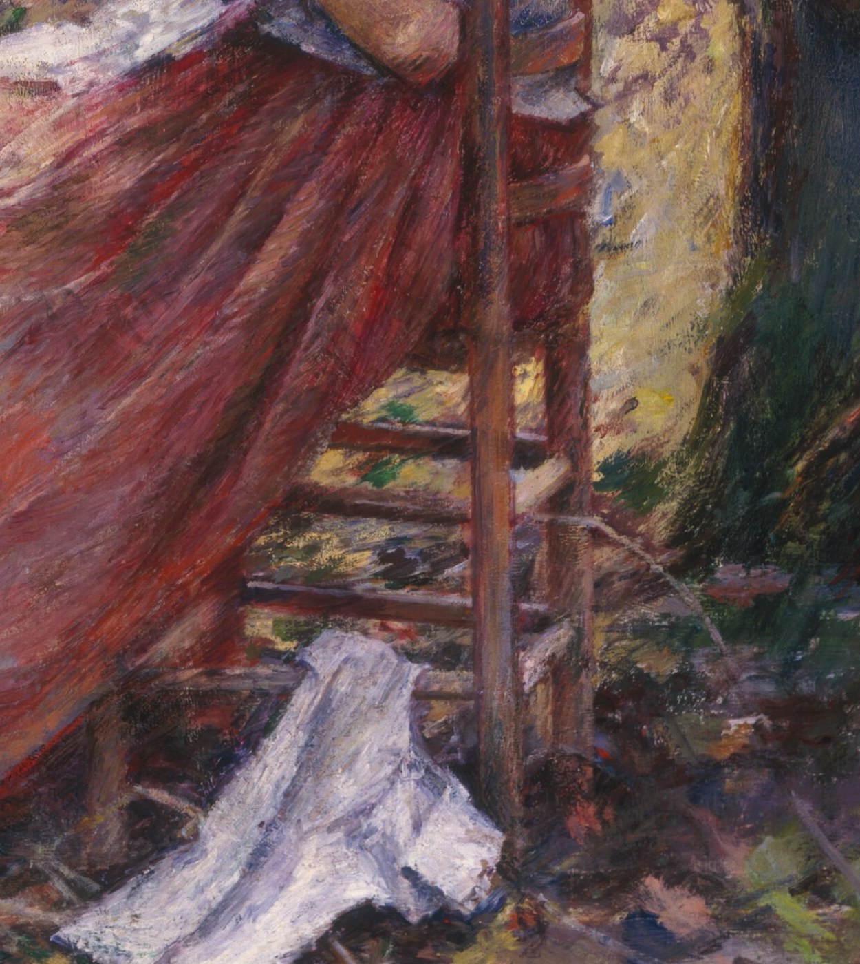 The rich, textured fabric of her skirt contrasts with the delicate white garment, adding depth and visual interest.