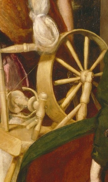 A key tool of domestic industry, its presence signifies the theme of rural life and labor.