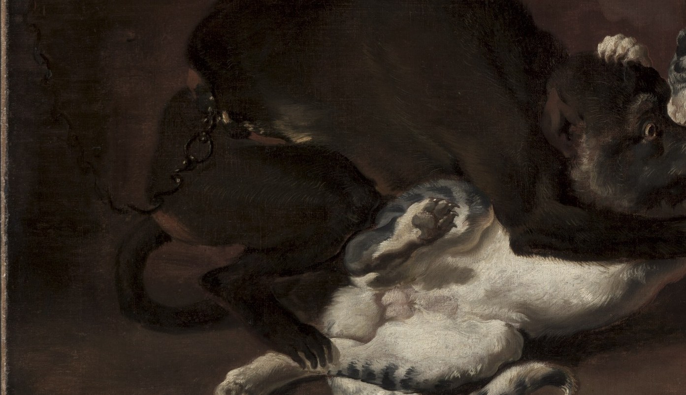 The cat is the compositional counterweight , lighter tones anchor the lower half and its splayed limbs suggest it is either attacking or being knocked back