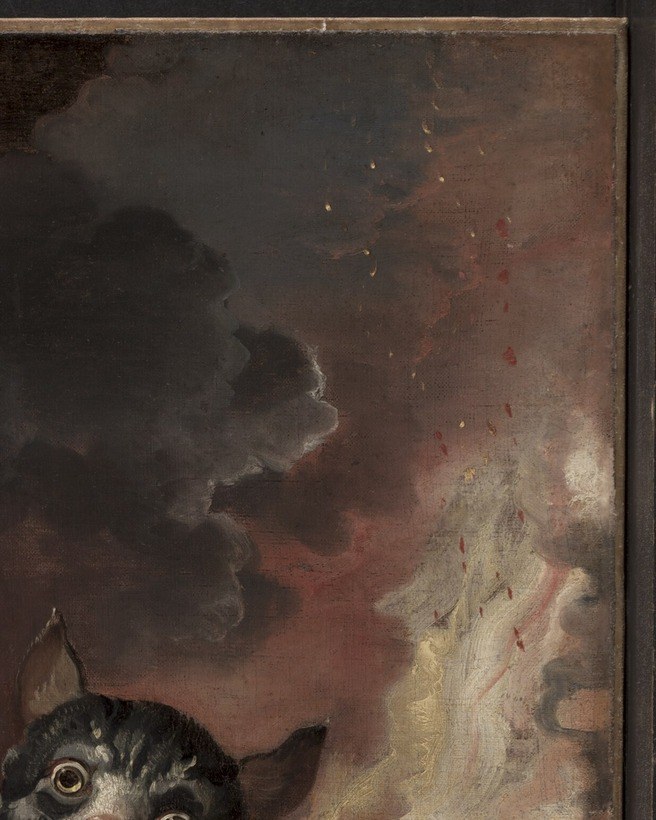 A dramatic source of warm backlight silhouettes the monkey and adds Baroque theatricality , fire as narrative prop implies danger or chaos
