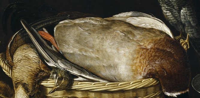 Its prominent placement and detailed feathers highlight the bounty of the hunt.