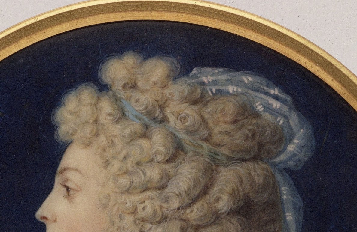 Rococo coiffure at its height , powder-white curls stacked high with cascading ringlets signal both fashion and social rank; the loose frizzed texture at the crown contrasts with tighter side curls.
