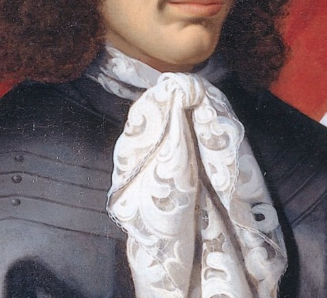 Notice the intricate lace of his cravat, a sign of wealth.