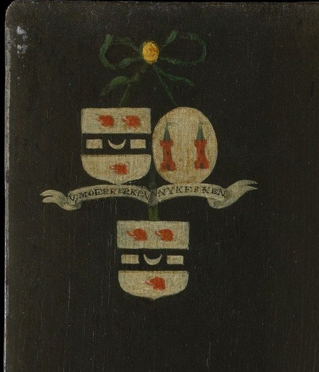 Heraldic identifier that names these sitters across centuries; the quartered shield and crest anchor the portrait's documentary function.