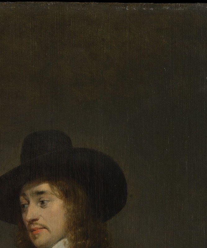 Composed, slightly three-quarter gaze; ter Borch's restrained handling of shadow on the cheek shows his characteristic cool psychological distance.