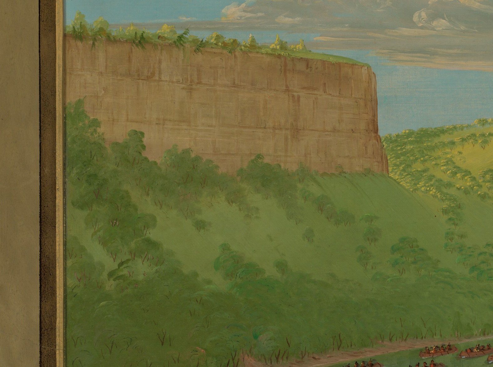 His canoes pass a dramatic landmark, Lover's Leap rock.