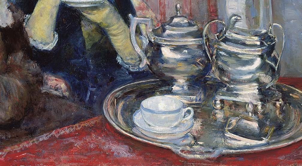 The gleaming service is both status symbol and social prop; its orderly, plentiful arrangement asserts domestic mastery while implying wealth and leisure.