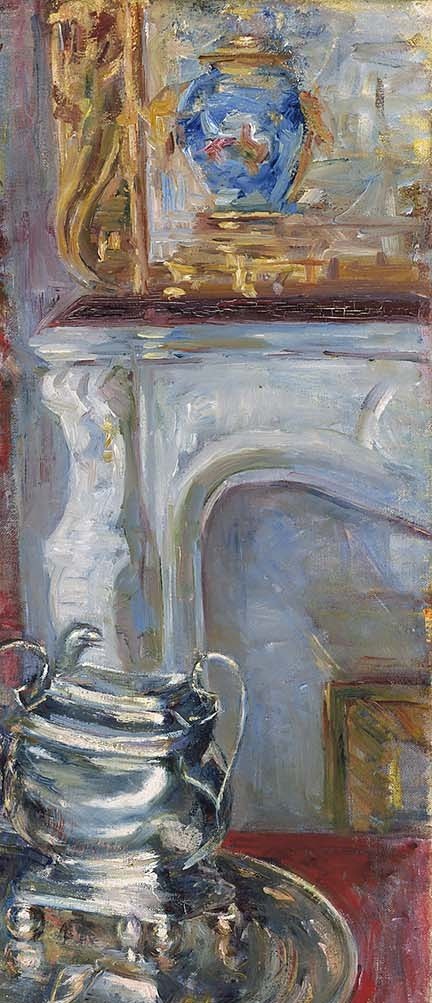 The fireplace seals the scene inside a bourgeois Parisian interior; its warm whiteness frames the right edge and defines the room as the contained domestic world these women inhabit.
