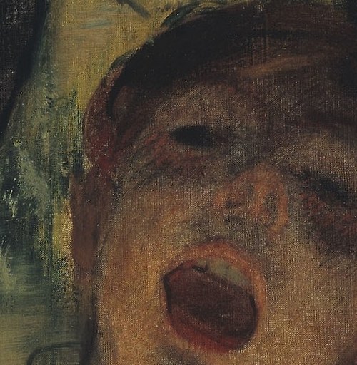 The painter captures the raw effort in her open mouth.