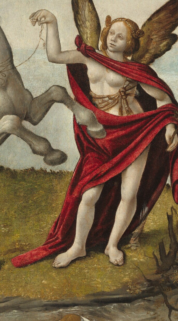 The saturated red is the painting's dominant warm accent; it implies urgency, passion, or sacrifice, and the way it is slung rather than worn hints at a figure caught mid-action.