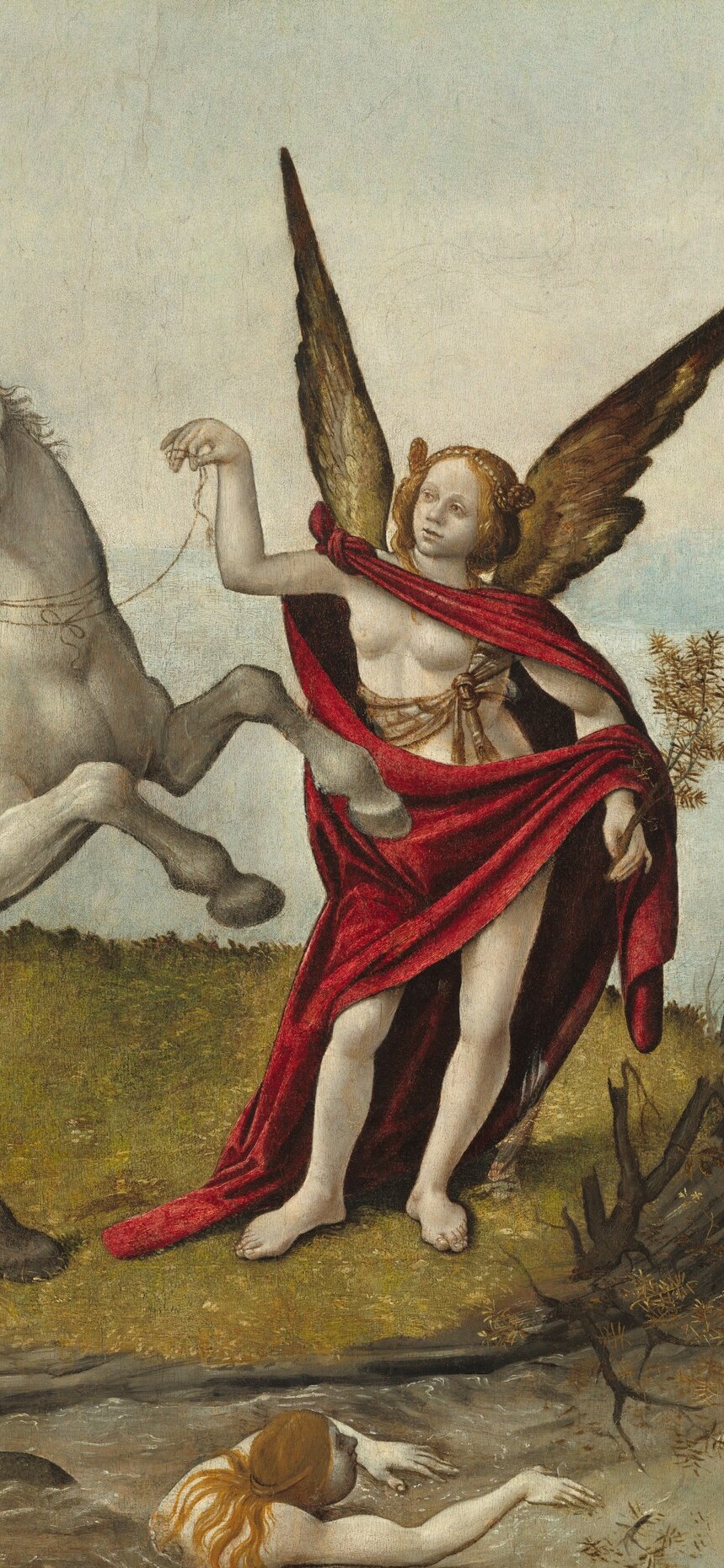 The central protagonist: a partially-clad youth with large amber-brown wings who grips the scene's tension. The identity , Victory, Virtue, a god , is deliberately unresolved, which is the painting's core riddle.