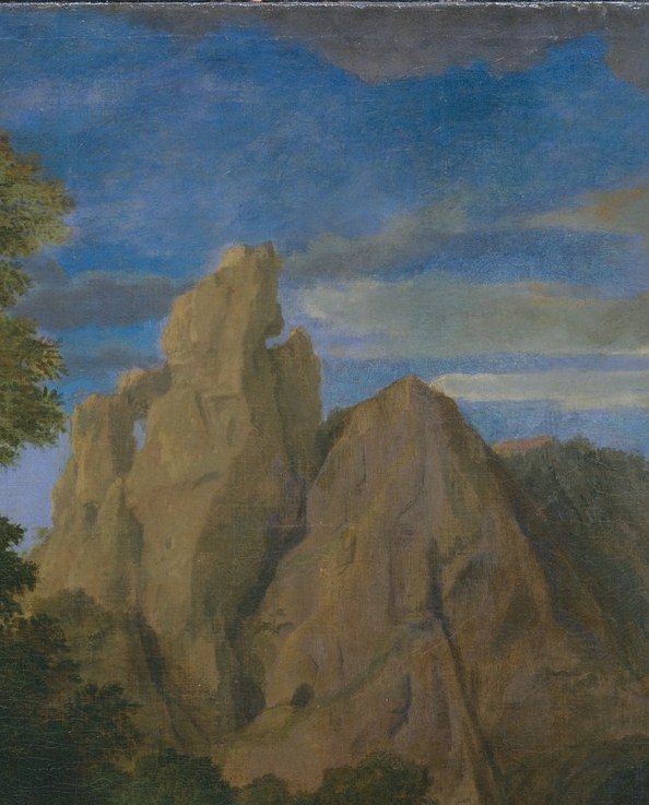 The dramatically lit peak is the visual spine of the composition , its verticality mirrors the power dynamic between the two figures below