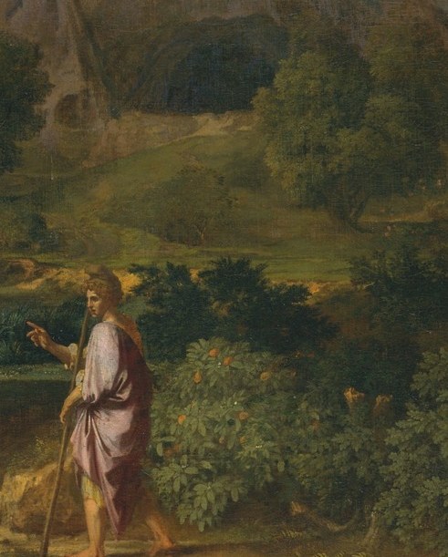 Two figures by a stream. One commands, the other cowers.