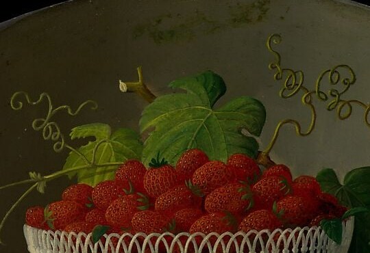 The compositional crown of the painting , dozens of ripe strawberries with visible seeds and highlights, painted with illusionistic precision that rewards extreme close-up.