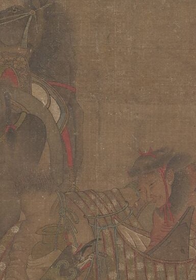 A man leads a horse and camel across the void.
