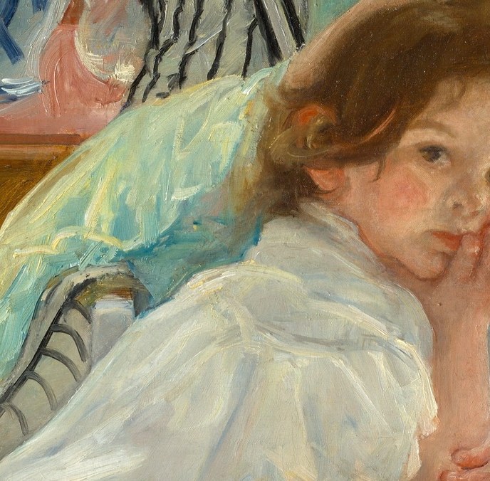 The child looks outward with a dreamy, unfocused expression , a rare Cassatt child who meets or nearly meets the viewer, creating emotional contact