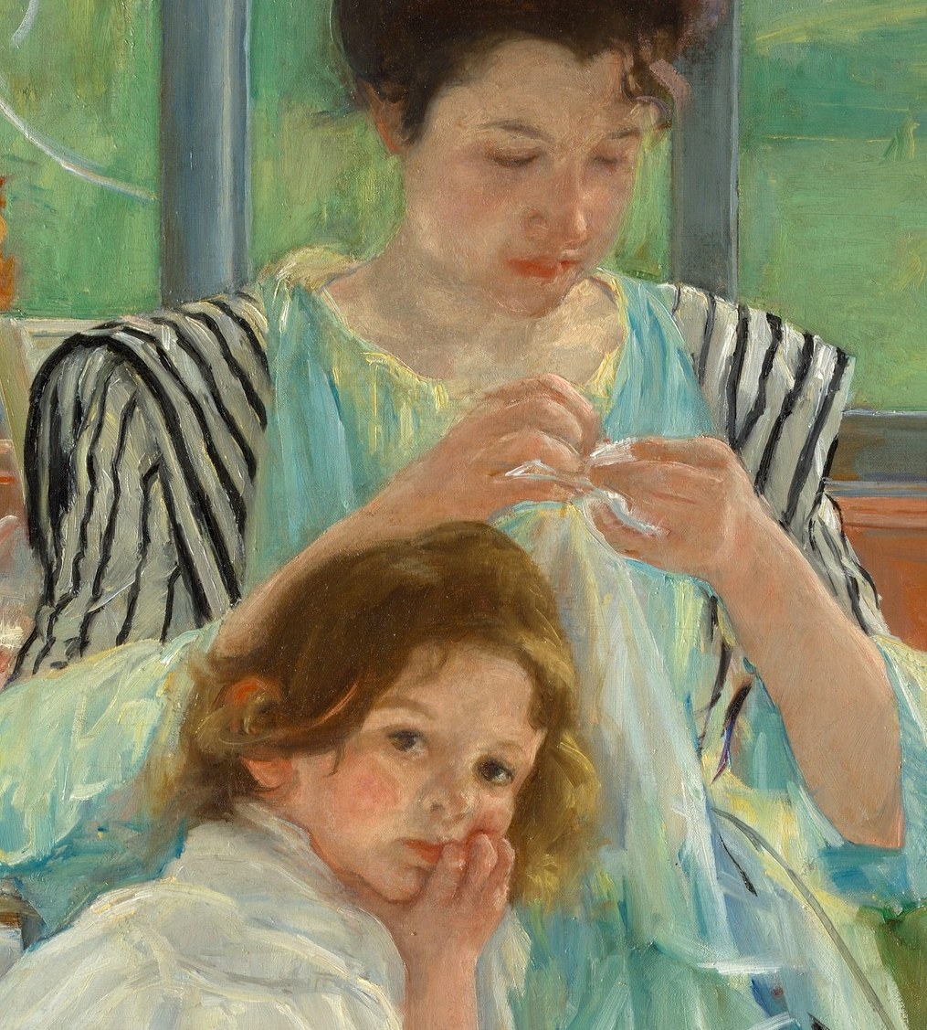 The graphic vertical stripes are a virtuoso passage of fabric rendering and anchor the composition with strong tonal contrast against the soft greens