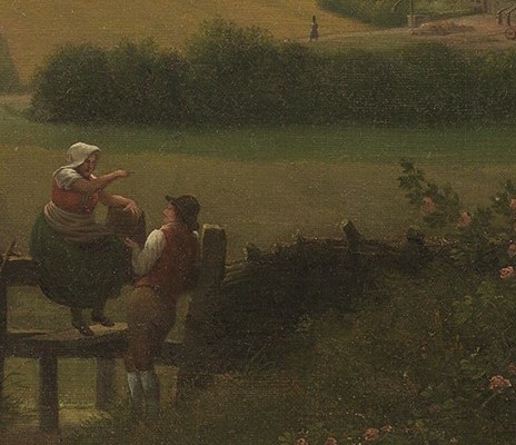 Three people stop at a stile. A crossing point between fields and open country.