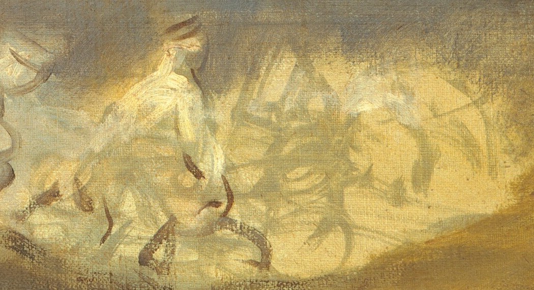 Beyond them, other indistinct figures emerge from the darkness.