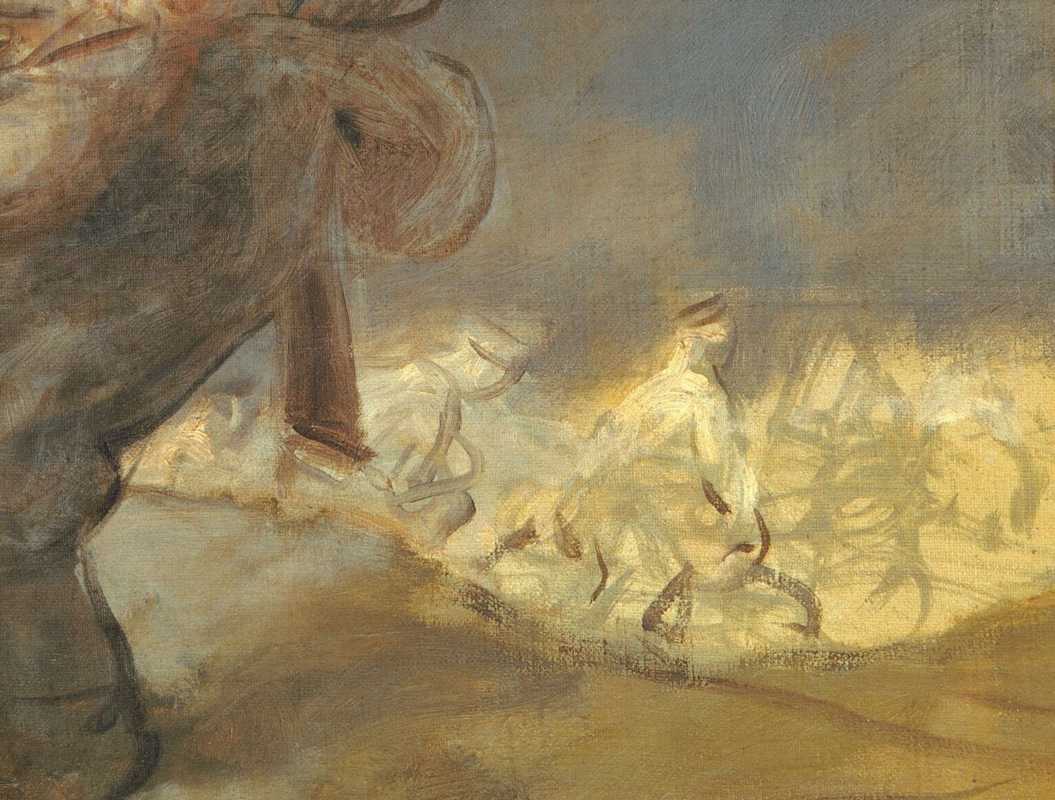 Her simple attire contrasts with the soldier's uniform, suggesting a civilian in a difficult situation.