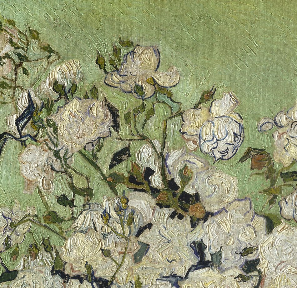 The painting's visual heart; impasto ridges on the petals are thick enough to cast actual micro-shadows, turning the surface into low-relief sculpture.